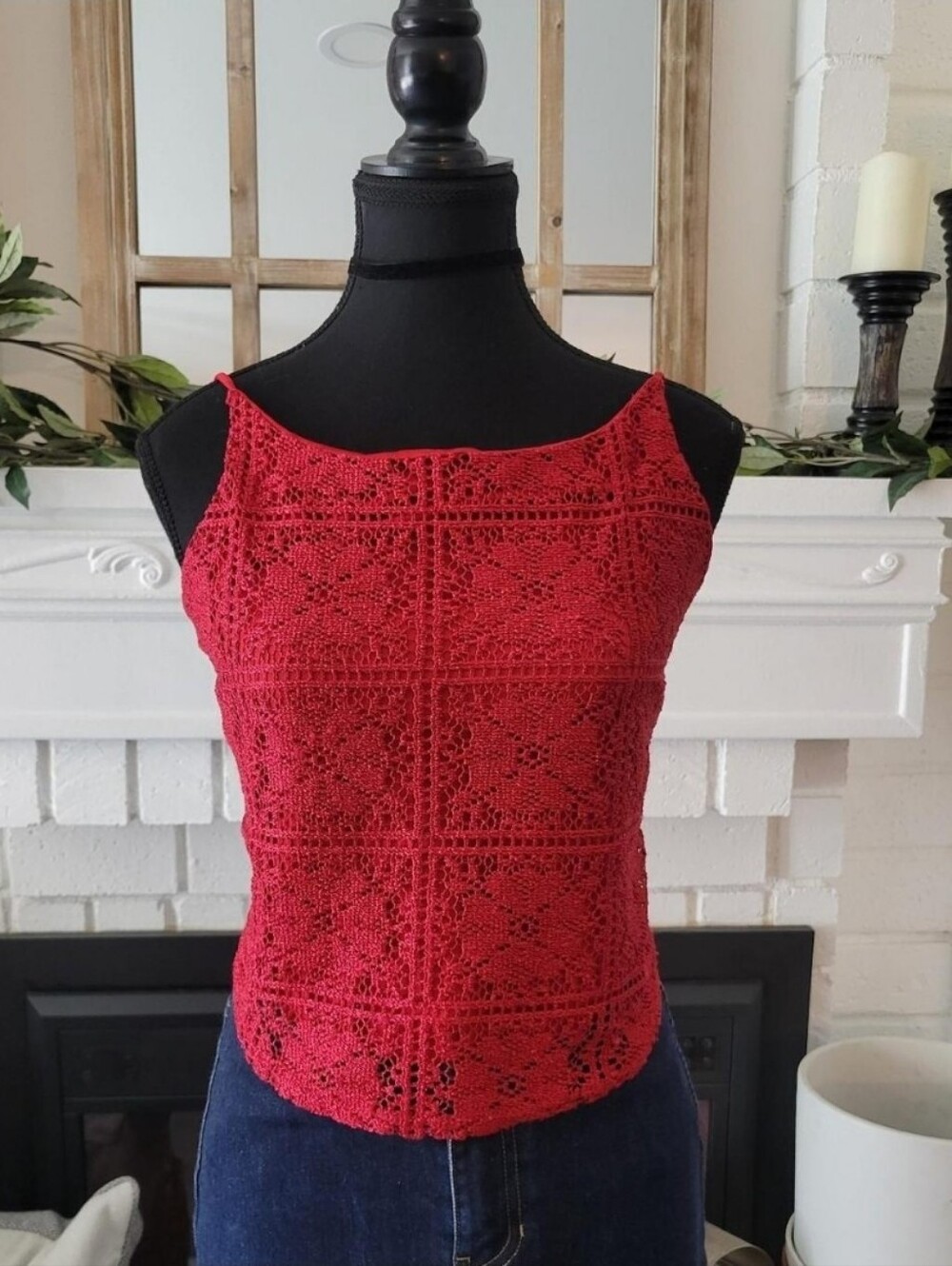 Vintage 90s Anchor Blue Red Lace Crop Top Size Medium